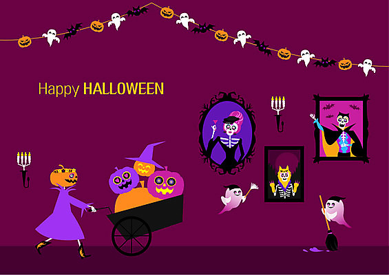 액자 일러스트 뼈 사람없음 손들기 축제 수레 할로윈 마법사 당기기 유령 빗자루 청소 즐거움 마녀 촛대 잭오랜턴 국내일러스트 AI파일 감정 모션 카트 청소도구 파일형식 벡터