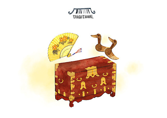 PSD 한국전통 일러스트 수채화 전통소품 사람없음 서랍장 고가구 전통부채 청둥오리 국내일러스트 전통 가구 오리 한국 부채 오브젝트 파일형식