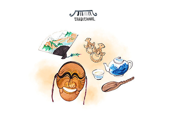 PSD 한국전통 일러스트 수채화 전통소품 사람없음 찻잔 찻주전자 하회탈 문고리 전통탈 전통부채 국내일러스트 전통 주전자 잔 한국 문 부채 오브젝트 탈 파일형식