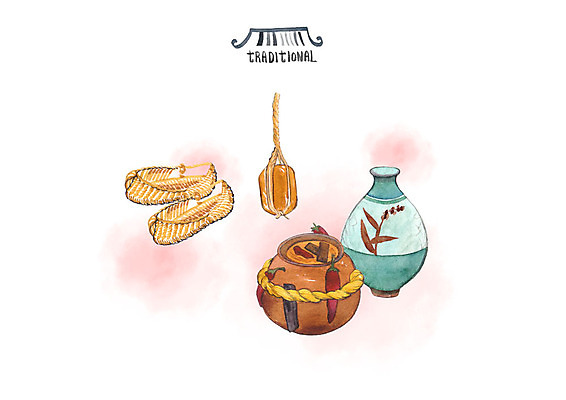 PSD 한국전통 일러스트 고추 술병 수채화 전통소품 사람없음 항아리 간장 짚신 메주 국내일러스트 전통 신발 채소 병_용기 주류 한국 도자기 양념 오브젝트 파일형식