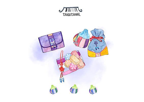 PSD 한국전통 일러스트 수채화 복주머니 전통소품 사람없음 직물 지갑 바늘꽂이 매듭 다식 매듭공예 국내일러스트 전통 한국 공예 오브젝트 꽂이 파일형식