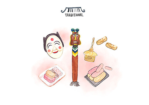 PSD 한국전통 접시 일러스트 수채화 떡 전통소품 사람없음 둥지 장승 한과 전통탈 짚신 각시탈 전통다과 국내일러스트 전통 식기 신발 디저트 한국 전통음식 오브젝트 탈 다과 파일형식