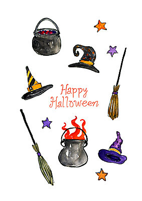 PSD 별 일러스트 불 붓터치 수채화 사람없음 바구니 할로윈 빗자루 즐거움 번짐 마녀모자 마법사모자 국내일러스트 자연요소 모자_잡화 감정 청소도구 파일형식 효과