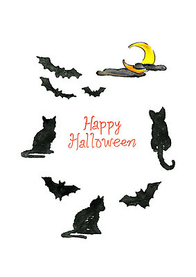 PSD 여러마리 일러스트 붓터치 수채화 사람없음 고양이 할로윈 초승달 즐거움 먹구름 번짐 박쥐 국내일러스트 감정 다수 포유류 반려동물 달 파일형식 효과 구름_자연