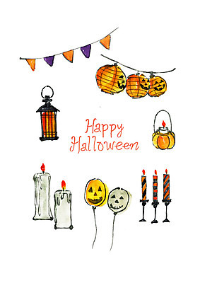 PSD 일러스트 촛불 붓터치 전등 수채화 사람없음 할로윈 랜턴 즐거움 촛대 번짐 풍선 잭오랜턴 해골모형 국내일러스트 감정 초 조명 모형 파일형식 효과