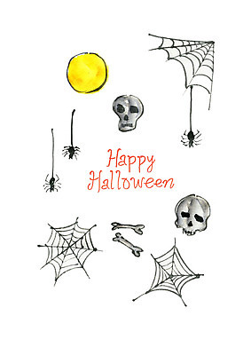 PSD 일러스트 붓터치 수채화 뼈 해골 사람없음 할로윈 보름달 거미줄 즐거움 번짐 거미 국내일러스트 감정 곤충 달 파일형식 효과