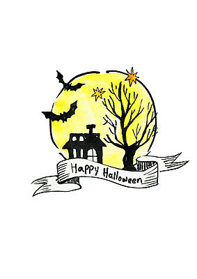 PSD 나무 단풍 일러스트 붓터치 수채화 사람없음 할로윈 보름달 즐거움 번짐 박쥐 유령의집 국내일러스트 식물 감정 잎 포유류 달 파일형식 효과