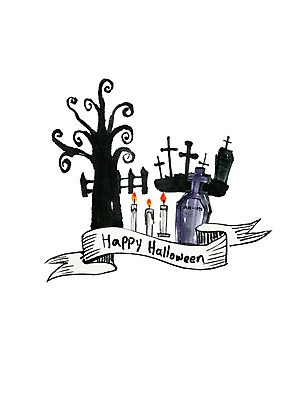 PSD 나무 십자가 일러스트 초 촛불 붓터치 수채화 사람없음 울타리 할로윈 공동묘지 비석 즐거움 번짐 국내일러스트 식물 감정 담장 무덤 파일형식 효과