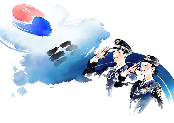 PSD 여자 남자 일러스트 캘리그라피 붓터치 미소 사람 상반신 성인 두명 경찰 태극기 번짐 경찰복 경례 성인만 국내일러스트 직업 유니폼 표정 인사 국기 파일형식 효과