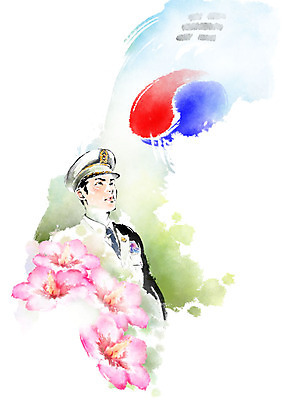 PSD 응시 남자 일러스트 캘리그라피 붓터치 한명 사람 상반신 성인 군인 태극기 번짐 무궁화 성인남자한명만 국내일러스트 직업 1 시선 꽃 국기 국군 남자한명만 성인남자만 파일형식 효과