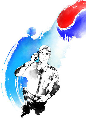 PSD 남자 일러스트 캘리그라피 붓터치 한명 미소 사람 상반신 성인 경찰 태극 번짐 경찰복 무전기 성인남자한명만 국내일러스트 직업 1 문양 유니폼 무선통신 표정 남자한명만 성인남자만 파일형식 효과