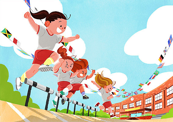 전신 PSD 여자 어린이라이프 어린이 일러스트 학교 사람 여러명 달리기 스쿨라이프 운동장 가을 허들 즐거움 체육복 체육대회 만국기 뛰어넘기 장애물달리기 소녀만 국내일러스트 라이프스타일 계절 교육 감정 다수 스포츠시설 모션 경기 운동복 공간 국기 장애물 체육 대회 넘기 여자만 어린이만 파일형식