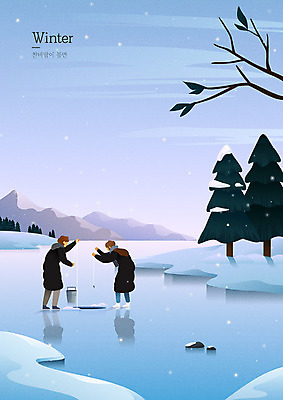 전신 여자 남자 백그라운드 겨울 일러스트 사람 성인 두명 강 눈 양동이 빙판 낚시줄 얼음낚시 눈내림 겨울배경 국내일러스트 AI파일 자연요소 계절 낚시 날씨 눈_날씨 낚시용품 파일형식 벡터