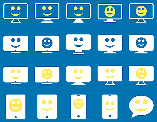 JPG 해외이미지 아이콘 행복 감정 말풍선 사람없음 파란색 스마트폰 컴퓨터 세트 노란색 모니터 흰색 이모티콘 해외202004 해외포토 포토 컬러 전자제품 핸드폰 스마트기기 파일형식 이미지허브