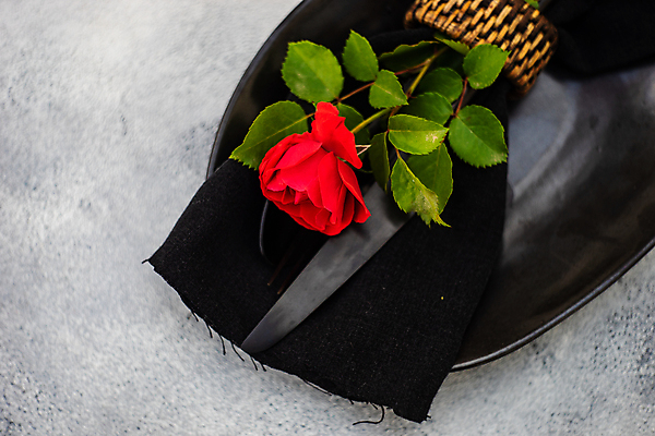 포토 JPG 해외이미지 식기 접시 회색배경 사람없음 장미 나이프 냅킨 해외포토 꽃 백그라운드 회색 칼 파일형식 이미지허브