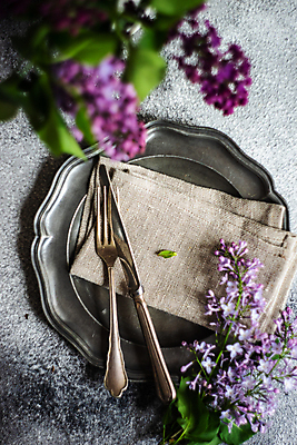 포토 JPG 해외이미지 식기 접시 꽃 포크 회색배경 사람없음 나이프 소프트포커스 천 냅킨 라일락 해외포토 식물 백그라운드 촬영기법 회색 직물 칼 파일형식 이미지허브
