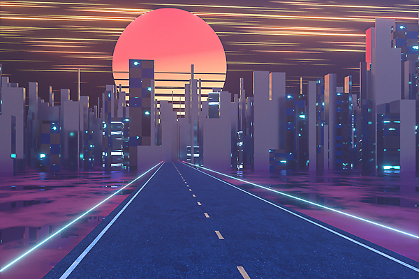 EPS 해외이미지 도로 일러스트 사람없음 건물 빛 강 태양 반사 고층빌딩 도시 남색 네온 스카이라인 해외일러스트 자연요소 건축물 길 컬러 교통시설 빌딩 파일형식 벡터 이미지허브