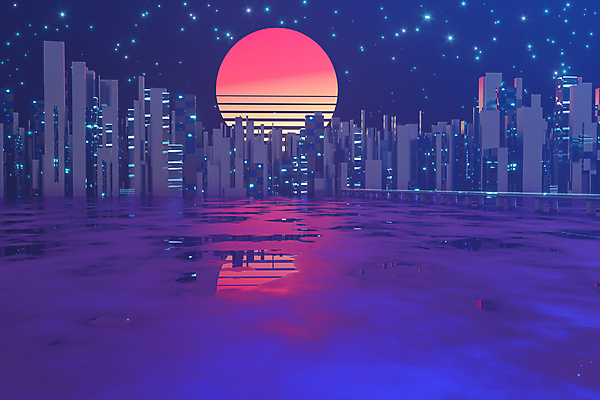 EPS 해외이미지 일러스트 사람없음 건물 파란색 빛 반짝임 강 태양 반사 고층빌딩 도시 네온 스카이라인 해외일러스트 자연요소 건축물 컬러 모션 빌딩 파일형식 벡터 이미지허브