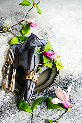 포토 JPG 해외이미지 포크 회색배경 사람없음 나이프 냅킨 꽃가지 해외포토 식기 꽃 백그라운드 회색 나뭇가지 칼 파일형식 이미지허브