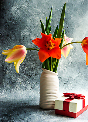 포토 JPG 해외이미지 꽃 잎 회색배경 사람없음 선물상자 꽃병 튤립 해외포토 식물 백그라운드 선물 상자 회색 파일형식 이미지허브