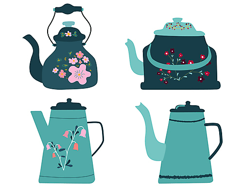 포토 JPG 해외이미지 디자인 커피 꽃무늬 일러스트 주전자 사람없음 초록색 찻주전자 해외일러스트 꽃 음료 컬러 무늬 주방용품 파일형식 이미지허브