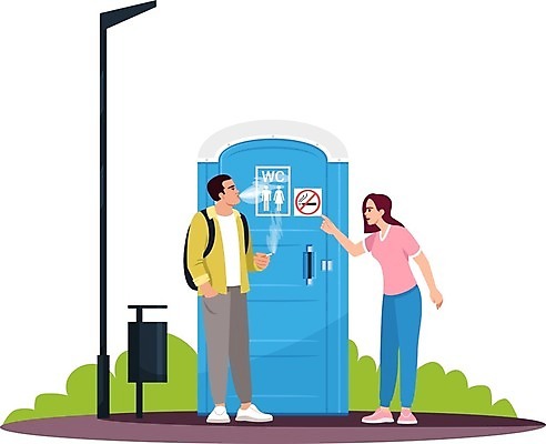 EPS 해외이미지 전신 여자 남자 가로등 일러스트 흡연 서기 성인 두명 금지 가리킴 간이화장실 공중화장실 금연구역 흡연금지 성인만 해외일러스트 공공시설 모션 담배 사람 손짓 화장실 제한구역 파일형식 벡터 이미지허브