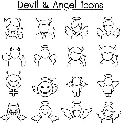 EPS 해외이미지 클립아트 모양 디자인 선 컨셉 일러스트 천사 요정 뿔 이야기 소년 그래픽 픽토그램 어둠 할로윈 하트 죽음 최고 영혼 유령 악마 만화 수집 문신 심볼 천국 나쁜 얇은 지옥 스타일 해외일러스트 남자 어린이 파일형식 벡터 이미지허브