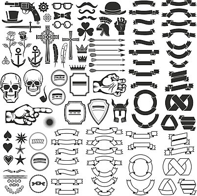 EPS 해외이미지 배너 리본 안경 일러스트 왕관 화살 권총 클로버 헬멧 콧수염 깃털 팔 닻 리볼버 해골모형 해외일러스트 잡화 수염 신체부위 모형 총 보호장비 파일형식 벡터 이미지허브