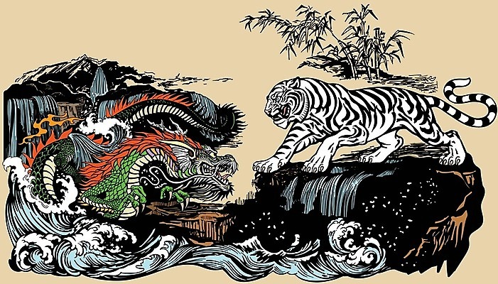 EPS 해외이미지 동양문화 전통 일러스트 사람없음 힘 폭포 용 호랑이 문신 심볼 백호 해외일러스트 문화 포유류 자연 파일형식 벡터 사방신 이미지허브