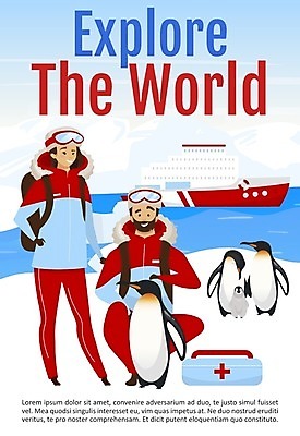 EPS 해외이미지 여자 남자 포스터 여행 허리손 겨울 가방 일러스트 고글 성인 두명 남극 즐거움 펭귄 휴양지 성인만 해외일러스트 잡화 계절 감정 포즈 조류 사람 장소 극지방 파일형식 벡터 이미지허브