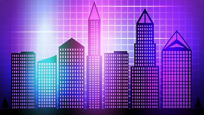 EPS 해외이미지 일러스트 사람없음 건물 파란색 빛 보라색 고층빌딩 도시 네온 격자 그라데이션 스카이라인 해외일러스트 건축물 컬러 무늬 빌딩 파일형식 벡터 이미지허브