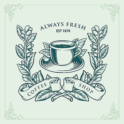 EPS 해외이미지 디자인 리본 커피 백그라운드 잎 일러스트 타이포그라피 사람없음 초록색 카페 머그컵 클래식 커피잔 커피열매 스타일 해외일러스트 식물 문자 열매 음료 컬러 컨셉 잔 컵 상점 파일형식 벡터 이미지허브