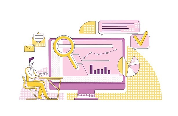 EPS 해외이미지 전신 남자 말풍선 의자 일러스트 비즈니스 탁자 돋보기 그래프 한명 앉기 성인 노란색 모니터 보라색 자료 타이핑 메시지 라인아트 분석 체크표시 성인남자한명만 해외일러스트 1 선 컬러 가구 컨셉 모션 사람 컴퓨터 확인 남자한명만 성인남자만 파일형식 벡터 이미지허브