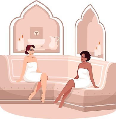 EPS 해외이미지 전신 여자 문화 분홍색 일러스트 휴식 앉기 20대 성인 두명 스파 테라피 사우나 성인여자만 해외일러스트 컬러 컨셉 모션 사람 청년 뷰티 여자만 성인만 파일형식 벡터 이미지허브