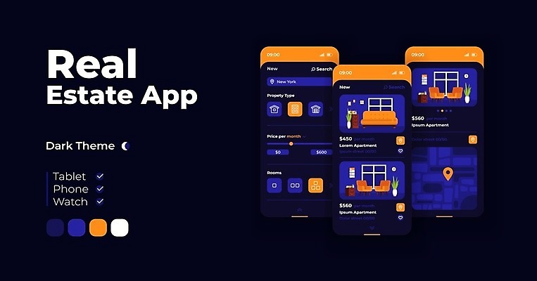 EPS 해외이미지 일러스트 부동산 사람없음 스마트폰 주황색 어플리케이션 남색 GPS UI 해외일러스트 컬러 핸드폰 스마트기기 재산 파일형식 벡터 이미지허브