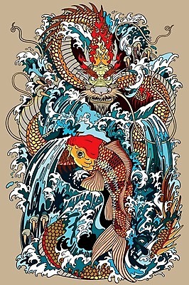 EPS 해외이미지 동양문화 전통 파도 일러스트 어류 사람없음 물 힘 폭포 용 문신 심볼 해외일러스트 자연요소 문화 바다 자연 수중동물 파일형식 벡터 이미지허브