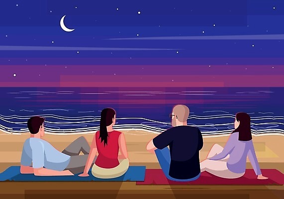 EPS 해외이미지 커플 여자 남자 바다 컨셉 데이트 일러스트 휴식 앉기 여러명 성인 해변 자유 매트 달 야간 구경 성인만 해외일러스트 자연요소 다수 관계 모션 사람 파일형식 벡터 이미지허브