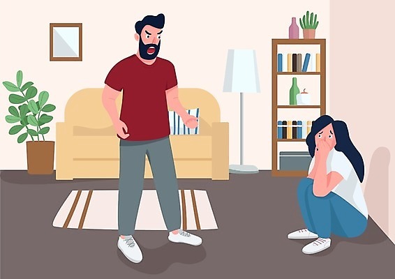 EPS 해외이미지 전신 커플 여자 남자 화분 쿠션 일러스트 서기 앉기 성인 두명 소파 카펫 분노 무서움 웅크림 성인만 데이트폭력 해외일러스트 감정 의자 관계 모션 사람 폭력 파일형식 벡터 이미지허브