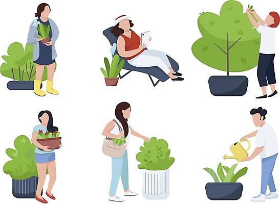 EPS 해외이미지 전신 식물 여자 남자 꽃 화분 줄기 잎 일러스트 들기 앉기 여러명 성인 태블릿 물뿌리개 원예 성인만 홈가드닝 반려식물 해외일러스트 다수 모션 사람 취미 전자제품 스마트기기 파일형식 벡터 이미지허브