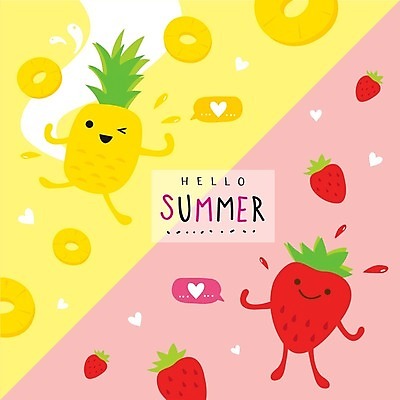 EPS 해외이미지 캐릭터 분홍색 일러스트 딸기 사람없음 노란색 하트 떨어짐 파인애플 슬라이스 해외일러스트 일러캐릭터 모양 컬러 컨셉 과일 열대과일 파일형식 벡터 이미지허브