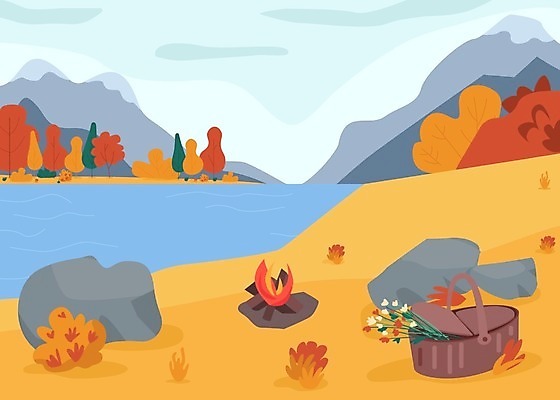 EPS 해외이미지 구름 꽃 백그라운드 일러스트 단풍나무 산 풍경 사람없음 주황색 캠핑 가을 바위 풀 강가 모닥불 소풍바구니 해외일러스트 자연요소 나무 식물 계절 컬러 단풍 불 레저 강 바구니 돌_바위 파일형식 벡터 이미지허브