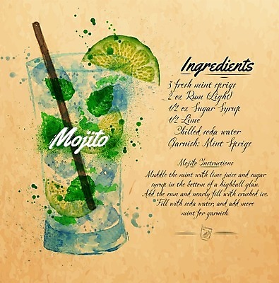 EPS 해외이미지 일러스트 수채화 빨대 설명 사람없음 칵테일 손그림 라임 레시피 모히토 매뉴얼 해외일러스트 과일 모션 주류 파일형식 벡터 이미지허브