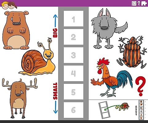 EPS 해외이미지 동물 템플릿 디자인 교육 어린이 일러스트 곰 사슴 종류 취미 그래픽 유치원 게임 퍼즐 수수께끼 어플리케이션 작음 큼 만화 그림 달팽이 질서 문제집 해결 수탉 발견 대답 해외일러스트 포유류 놀이 연체동물 사람 책 예절 닭 크기 수컷 파일형식 벡터 이미지허브