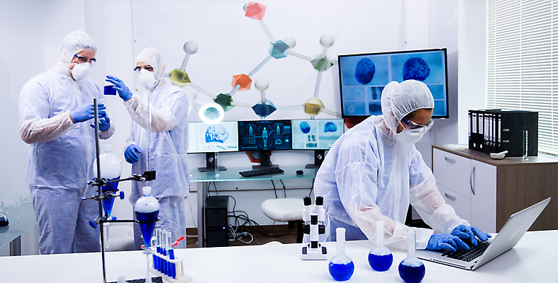 포토 JPG 해외이미지 여자 남자 과학 실내 현미경 실험기구 실험 마스크 들기 상반신 성인 앞모습 옆모습 세명 노트북 모니터 실험복 실험실 과학자 플라스크 보안경 연구소 성인만 방호복 해외포토 직업 옷 뷰포인트 모션 사람 내부 전자제품 컴퓨터 가운 안전장비 학자 파일형식 이미지허브