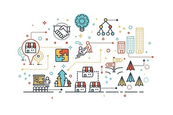 EPS 해외이미지 화살표 말풍선 일러스트 협력 악수 아이디어 사람모양 사람없음 건물 도움 투자 상승 해외일러스트 모양 건축물 컨셉 비즈니스 손짓 파일형식 벡터 이미지허브