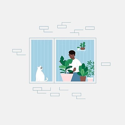 EPS 해외이미지 한마리 라이프스타일 남자 화분 여유 일러스트 창문 관리 한명 들기 상반신 성인 일상 반려동물 고양이 확인 원예 성인남자한명만 반려묘 홈가드닝 해외일러스트 식물 동물 1 감정 포유류 모션 사람 취미 라이프 생활 남자한명만 성인남자만 파일형식 벡터 이미지허브