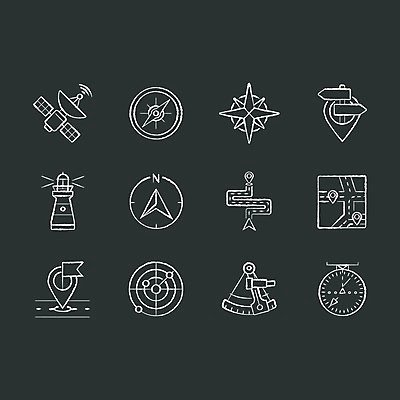 EPS 해외이미지 지도 일러스트 검은배경 등대 사람없음 세트 인공위성 깃발 나침반 방향 분필 위치 길찾기 네비게이션 GPS 해외일러스트 백그라운드 통신 검은색 초크 파일형식 벡터 이미지허브