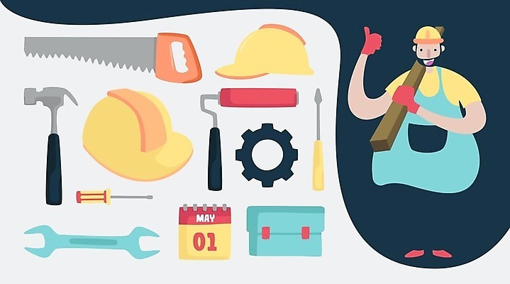 EPS 해외이미지 전신 남자 일러스트 노동자 작업복 한명 웃음 들기 성인 목재 달력 스패너 망치 안전모 공구함 롤러 톱 따봉 근로자의날 일자드라이버 성인남자한명만 해외일러스트 나무 직업 1 옷 기념일 재료 모션 표정 사람 공구 최고 드라이버_공구 헬멧 안전장비 남자한명만 성인남자만 파일형식 벡터 이미지허브