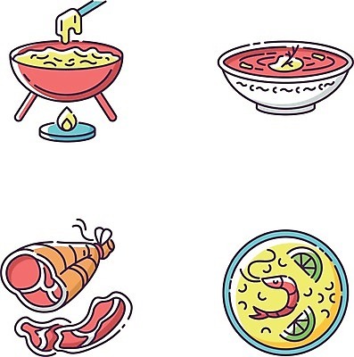 EPS 해외이미지 일러스트 육류 요리 사람없음 엘리먼트 치즈퐁듀 하몽 파에야 해외일러스트 식재료 서양음식 햄 퐁듀 파일형식 벡터 이미지허브