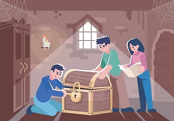 EPS 해외이미지 전신 여자 남자 컨셉 지도 일러스트 열쇠 자물쇠 서기 들기 성인 방 탐험 잡기 오픈 무릎꿇기 신비 모험가 보물상자 성인만 해외일러스트 모션 사람 파일형식 벡터 이미지허브